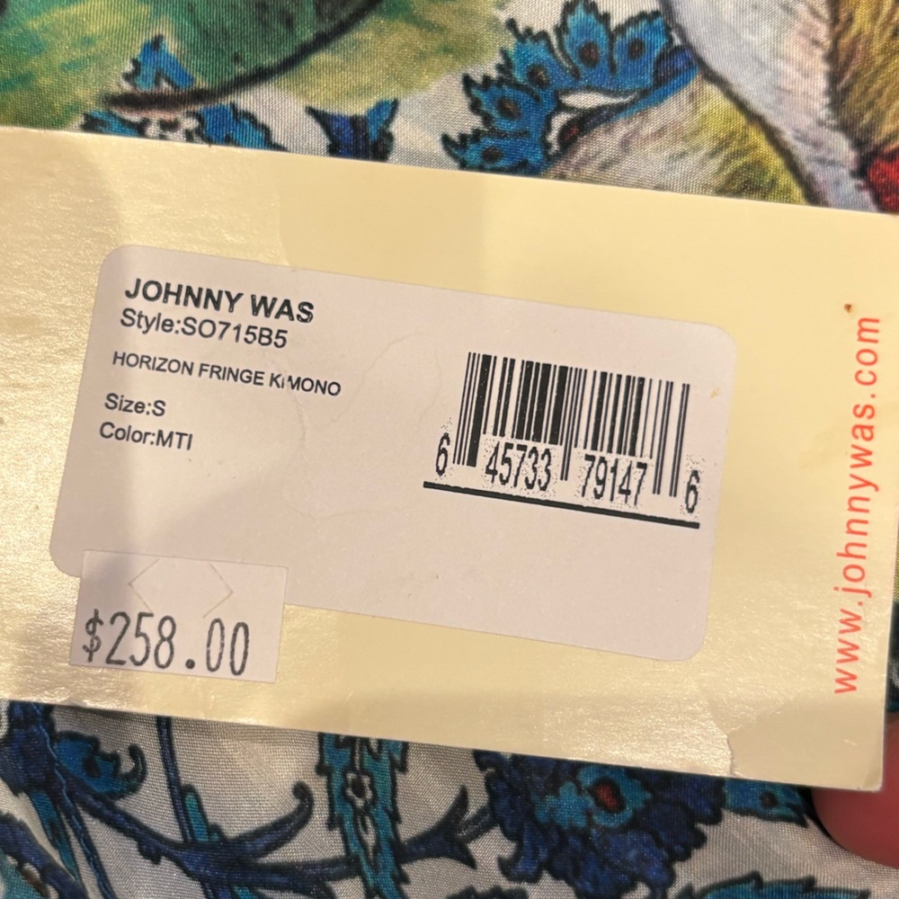 JOHNNY WAS Bohemian floral Blue Kimono with Fringe Small - Picture 3 of 7
